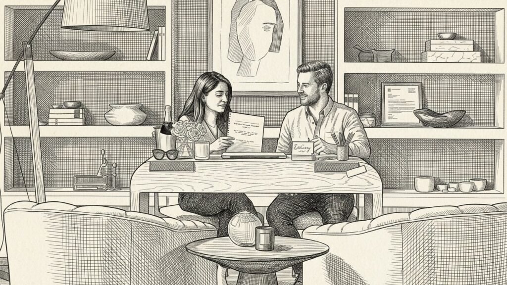 Pen-and-ink illustration of two people reading a document together at a desk