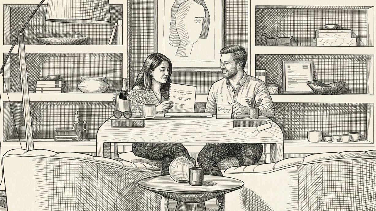 Pen-and-ink illustration of two people reading a document together at a desk