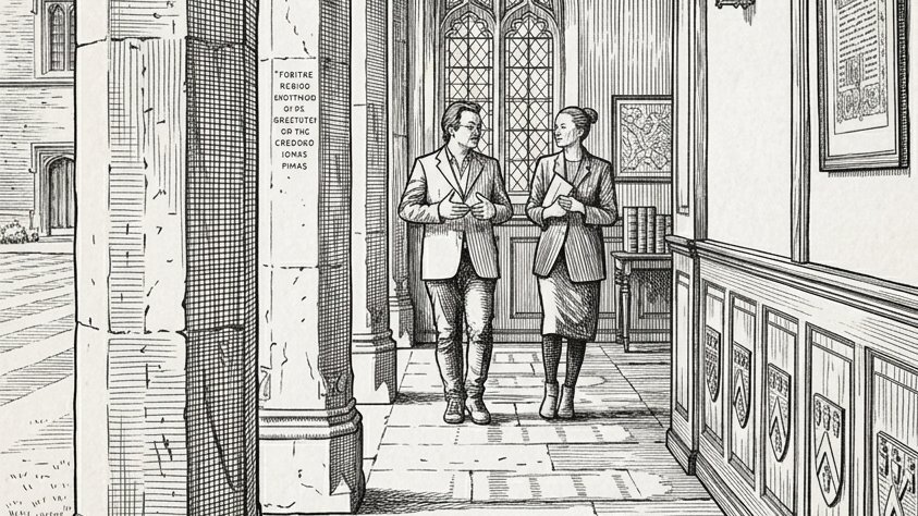 Pen-and-ink illustration of two academics walking through a stone cloister