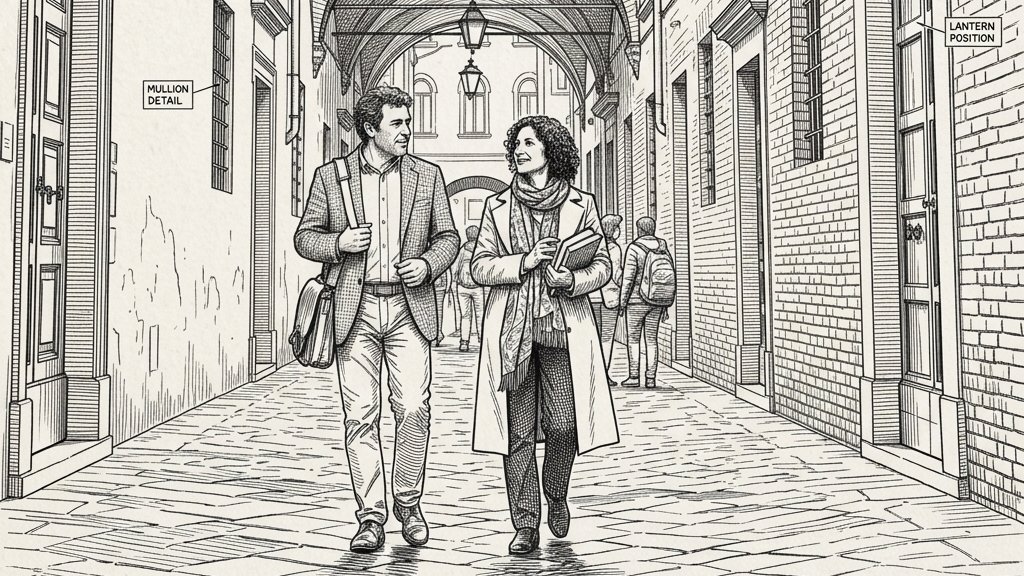 Pen-and-ink illustration of two academics walking and talking in an arcaded street