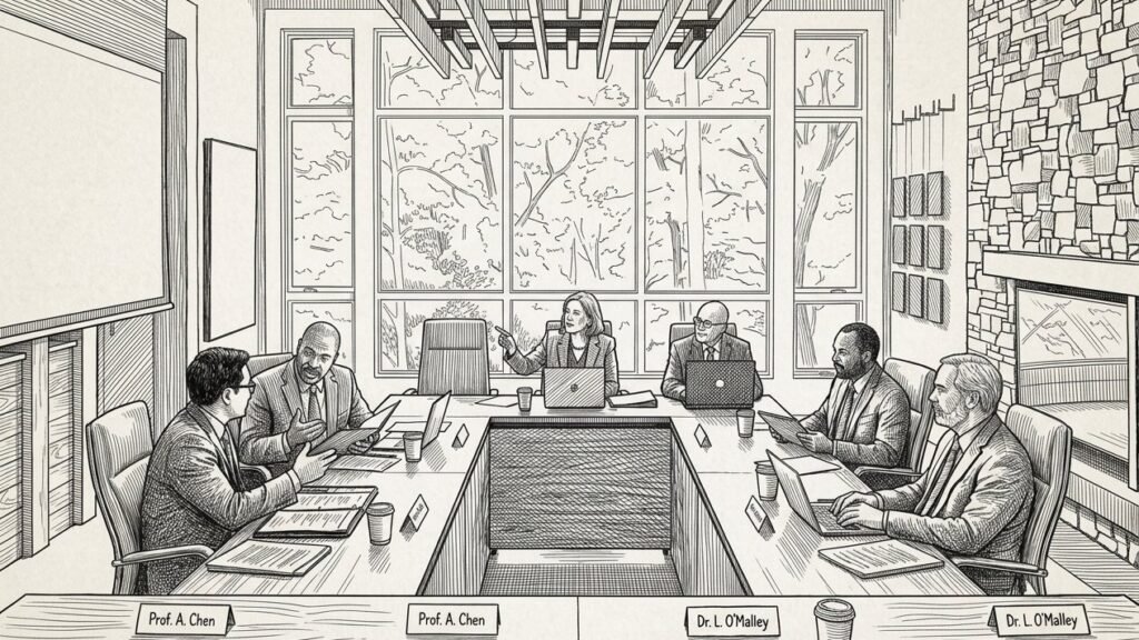 Pen-and-ink illustration of an editorial board meeting around a long table