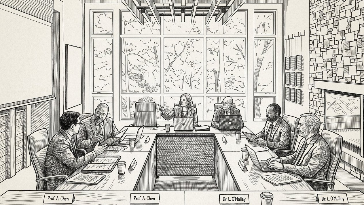 Pen-and-ink illustration of an editorial board meeting around a long table