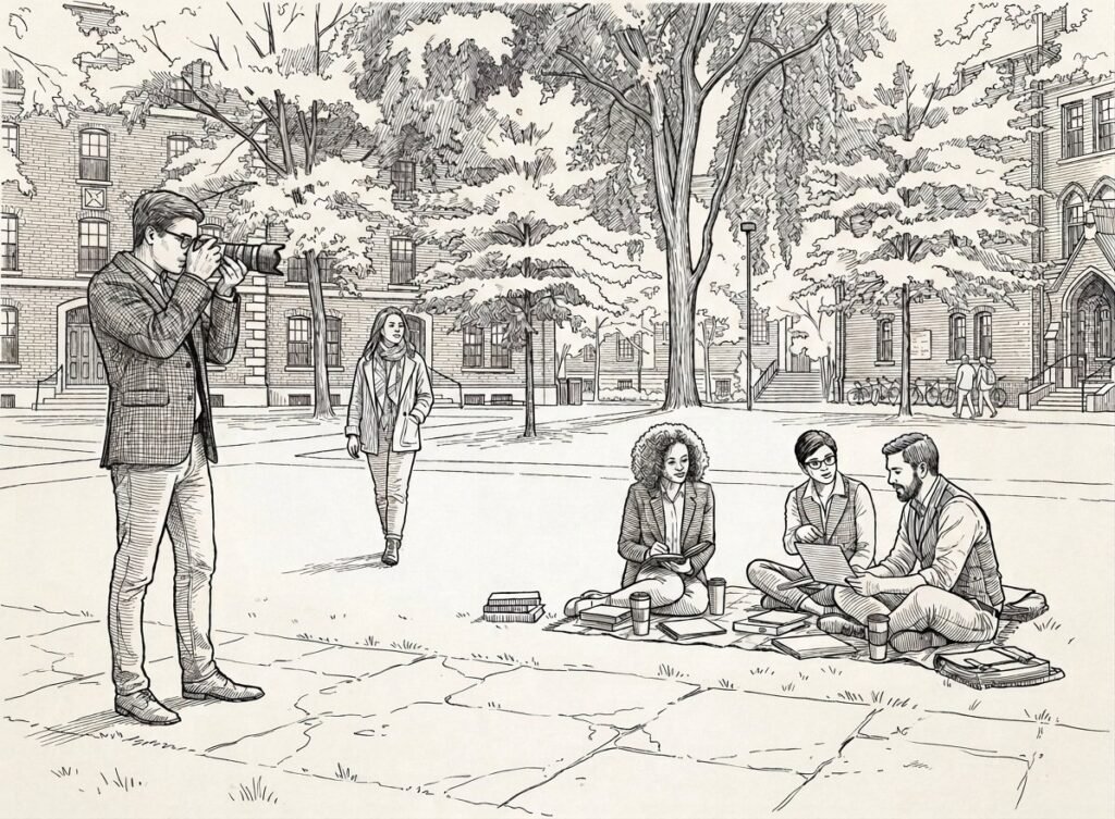 Pen-and-ink illustration of a researcher photographing colleagues at work outdoors