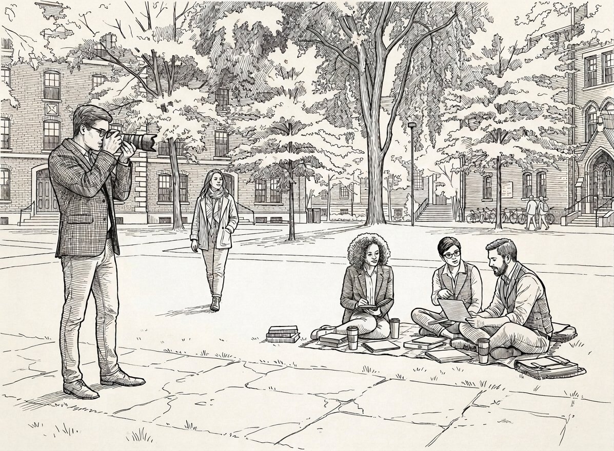 Pen-and-ink illustration of a researcher photographing colleagues at work outdoors