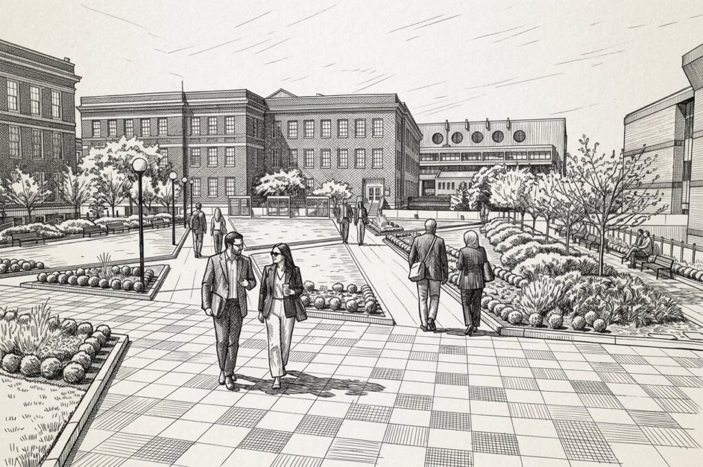 Pen-and-ink illustration of academics walking across a campus plaza