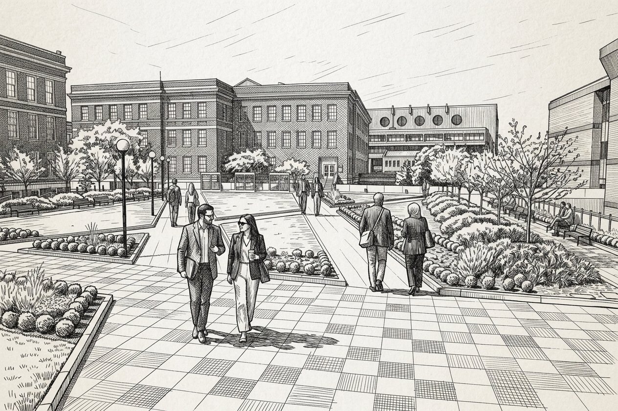 Pen-and-ink illustration of academics walking across a campus plaza