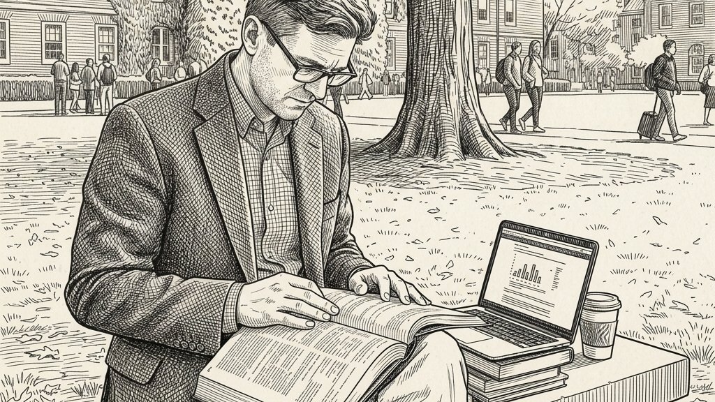 Pen-and-ink illustration of an academic revising a marked-up book beside a laptop