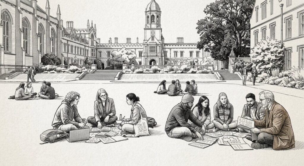 Pen-and-ink illustration of researchers and students working together on an open quad