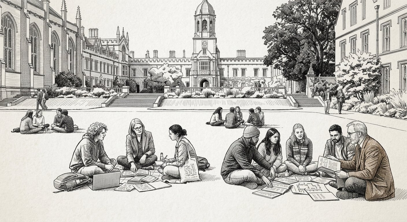 Pen-and-ink illustration of researchers and students working together on an open quad