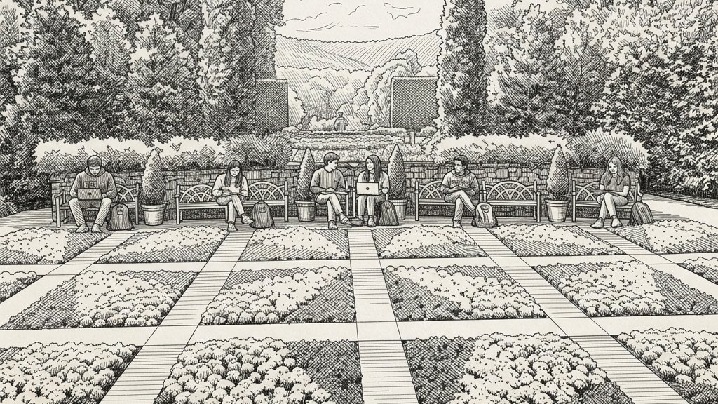 Pen-and-ink illustration of students working on benches beside a formal garden