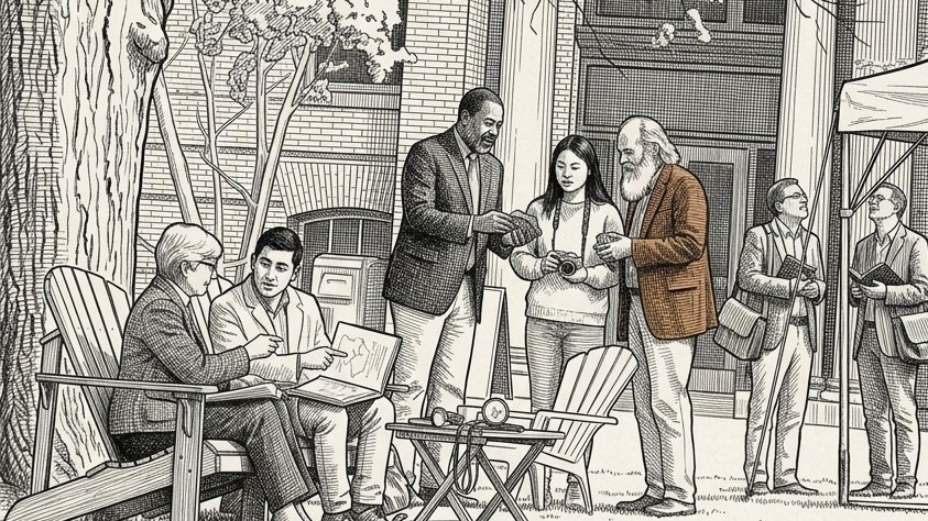 Pen-and-ink illustration of colleagues discussing papers beneath a blossoming tree