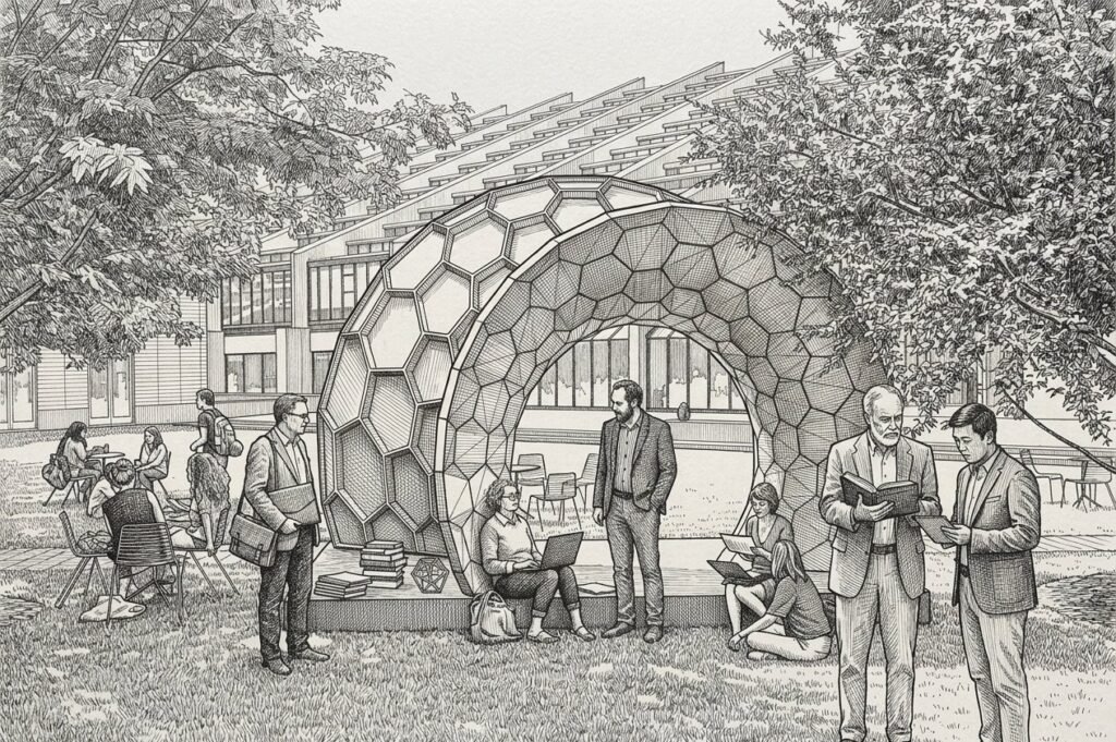 Pen-and-ink illustration of academics reading beside a honeycomb pavilion