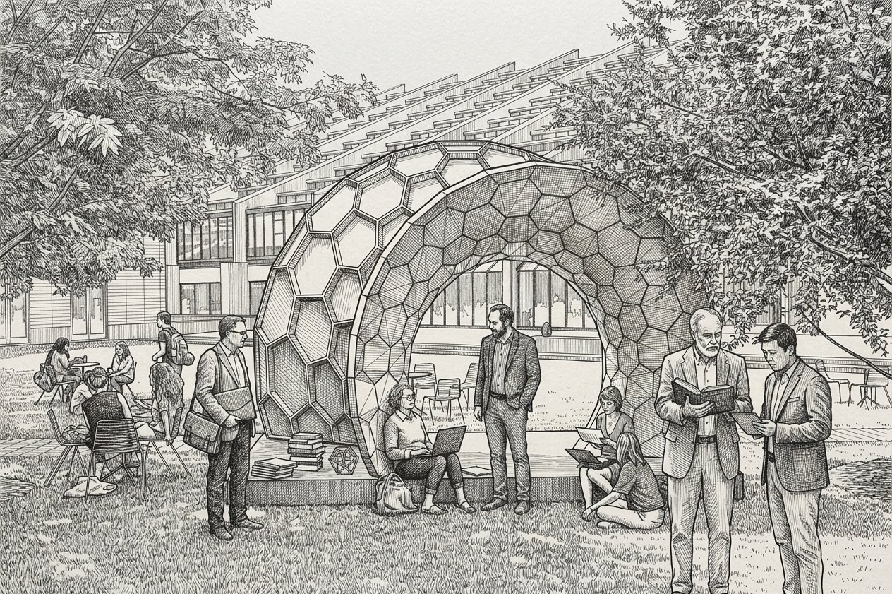 Pen-and-ink illustration of academics reading beside a honeycomb pavilion