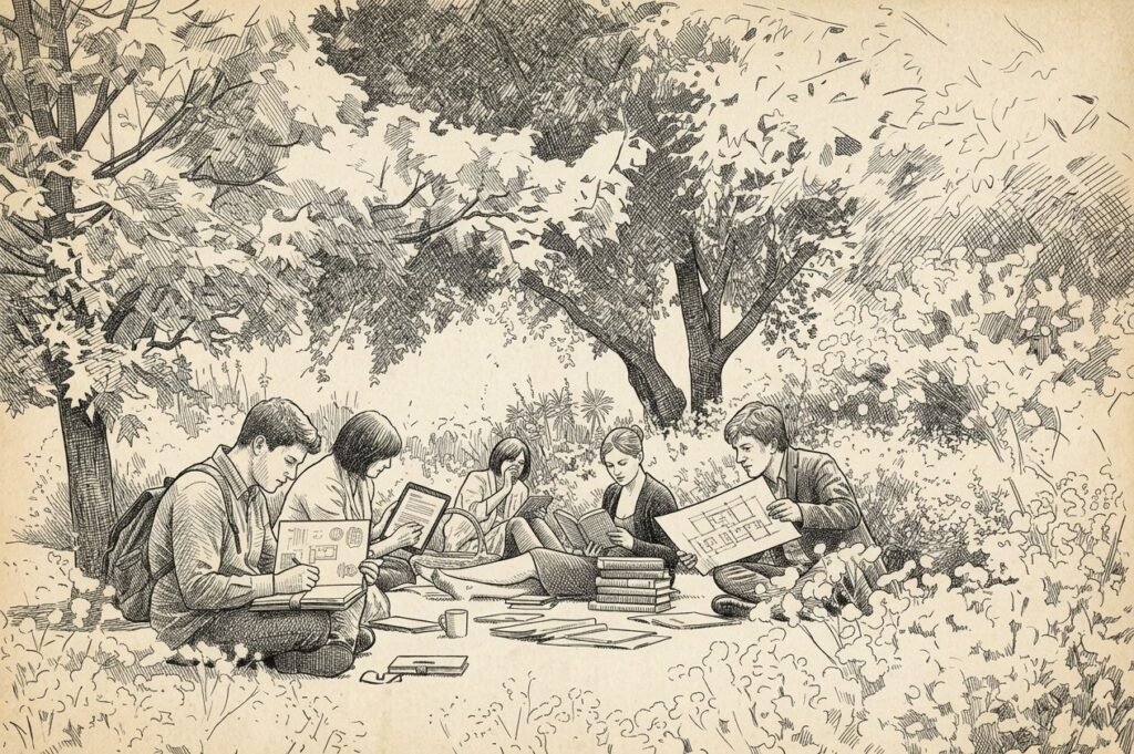 Pen-and-ink illustration of researchers reading and sketching in a garden