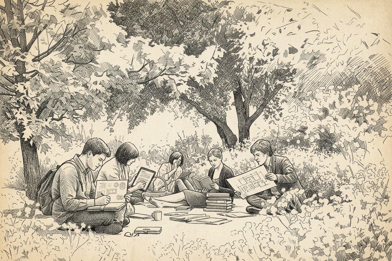 Pen-and-ink illustration of researchers reading and sketching in a garden